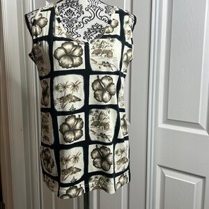 Hibiscus Hawaii Sleeveless Floral Grid Print Tank Top - Black & Cream L Cotton